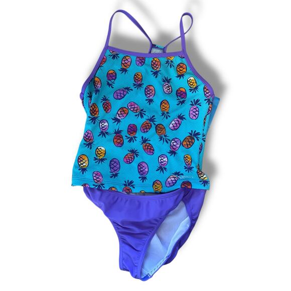 Speedo Girls Tankini Swimsuit Size 12 Blue Purple Pineapples NEW Textured - Picture 1 of 6